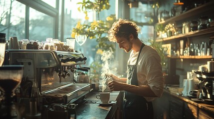 Fototapeta premium Man Making Coffee in a Modern Café, Barista Preparing Espresso or Latte for Customers, Coffee Shop Interior