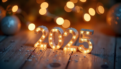 Año 2025 en letras corpóreas con luz en el interior de una casa y luces decorativas al fondo. Año nuevo