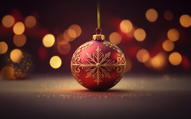 Obraz premium A single red Christmas ornament with a gold snowflake design hangs against a blurred background of warm, twinkling lights.