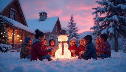 Niños contando historias en la nieve, alrededor de un muñeco de nieve de luz. Paisaje de invierno. Escena tierna, bonita, infantil