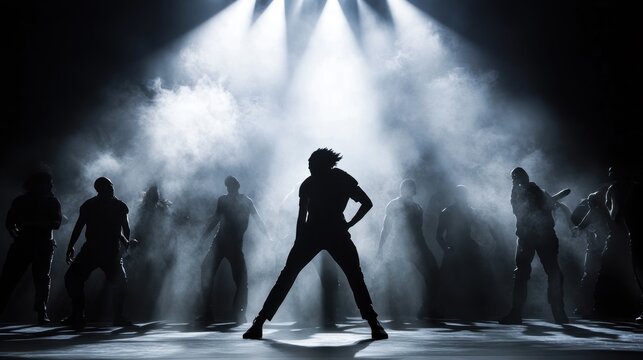 A silhouette of a dancer posing in front of a group of dancers in a smoky stage lit by spotlights.