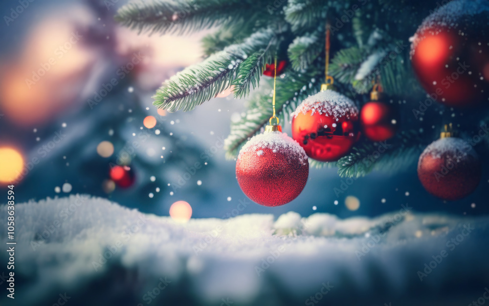 Poster red christmas ornaments hang from a snow-covered evergreen tree branch with a snowy background.