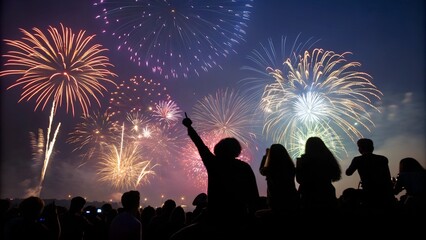 Celebration crowd watching New Year fireworks in sky