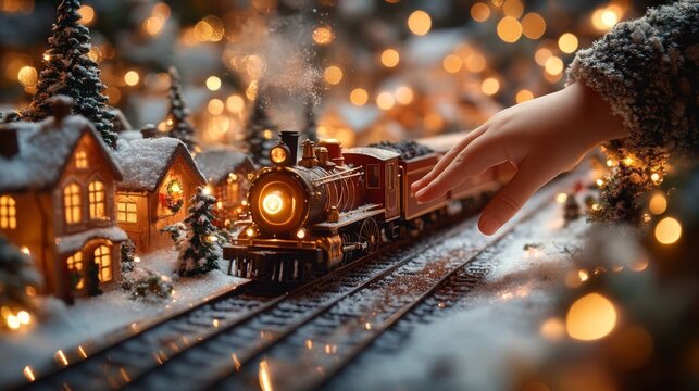 Child's hand reaching for train.