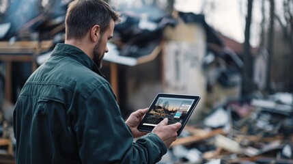 Insurance adjuster using a tablet equipped with ai tools to assess damage and process claims during on-site inspections