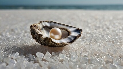 A pristine oyster shell cradles a lustrous pearl on the sandy beach shore under a clear blue sky
