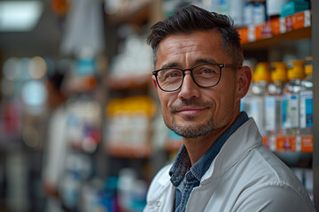 Obraz premium Generative AI Image of Pharmacist at Work in a Pharmacy, medication sphere, meds prescription