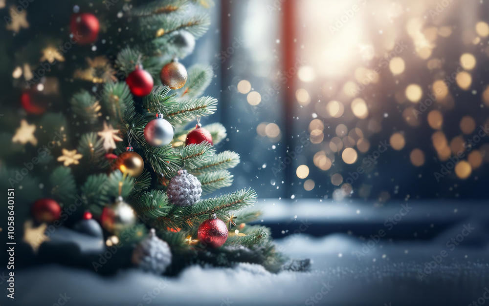 Poster a decorated christmas tree stands near a window with a snowy scene and twinkling lights outside.