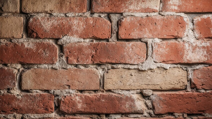 Noisy texture of old brick wall, red and beige with dusty grain and tiny specks. Created with generative AI technology