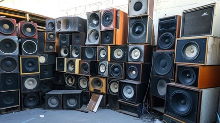 Obraz premium A wall of vintage speakers in a warehouse setting. (1)