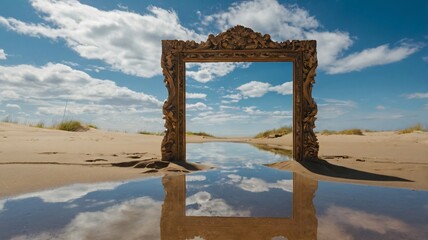 A stunning ornate frame standing in the golden sand reflects clouds and blue skies, creating a surreal landscape at the beach