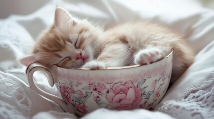 A charming kitten peacefully sleeping in a floral tea cup, exuding warmth and cuteness. Perfect for cat lovers and cozy themes.