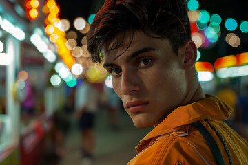 Generative AI Image of Young people friends Woman Man Enjoying Summer Fair with Colorful Amusement Park Background