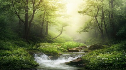 Obraz premium Magical Forest Stream with Sunlight and Mist