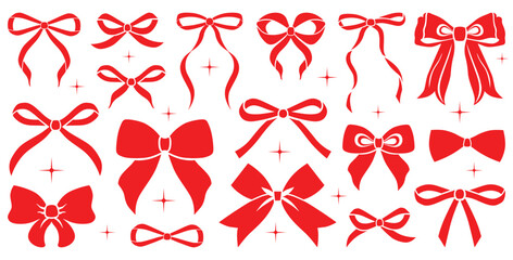 Simple hand drawn colorful ribbon bow collection. Bowknot for decoration, big set of bowtie. Large retro handdrawn ribbon illustration set. Set of various cartoon bow knots, gift ribbons. Red color