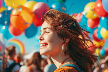 Obraz premium Young woman man child people pet enjoying the festival of hot air balloons, capturing selfie colorful balloons in the sky