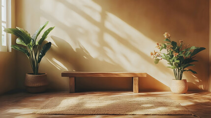 Sunlit Room Illustration with Plants, Bench, and Rug
