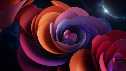 Stunning Abstract Floral Artwork: Colorful Petals in Red, Purple, and Blue with Cosmic Backdrop.