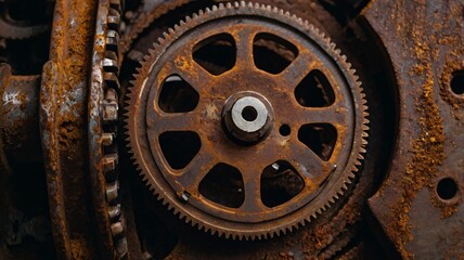 Obraz premium Detailed view of a rusty gear amidst old machinery, showcasing industrial decay in an abandoned warehouse setting