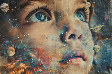 Child gazing at the cosmos in a retro-style space artwork collage, Generative AI blending imagination and wonder