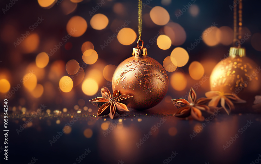 Poster two golden christmas ornaments with star anise resting on a dark surface with sparkling lights in th