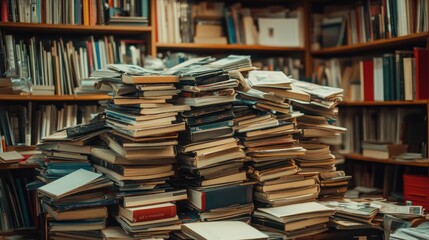 Fototapeta premium A large pile of books sits in front of a bookshelf in a library.