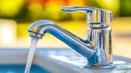Obraz premium Closeup of a chrome faucet with water flowing