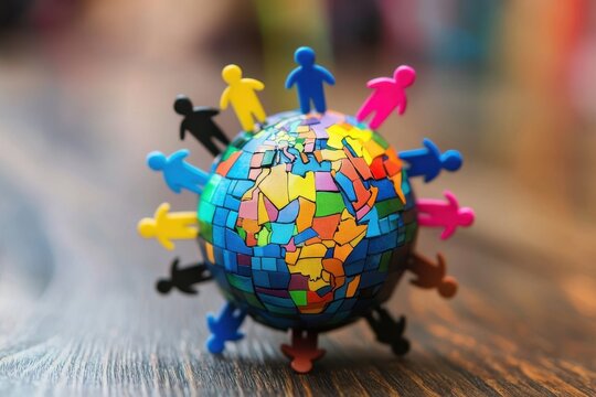 A globe with people on it is on a wooden table. The globe is made of different colored pieces, and the people are of different colors as well. The globe is surrounded by a group of people