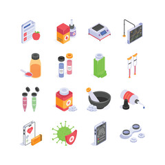 This vibrant set of isometric icons showcases essential elements of healthcare and medicine