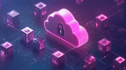 A glowing pink cloud with a padlock icon sits atop a circuit board surrounded by pink cubes, representing the concept of secure cloud storage.