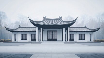 Fototapeta premium Traditional Chinese Anhui Hui-style Architecture with White Background, Platform, Roads, Parking Lots, and Brick Pavements for Car Advertisement Background