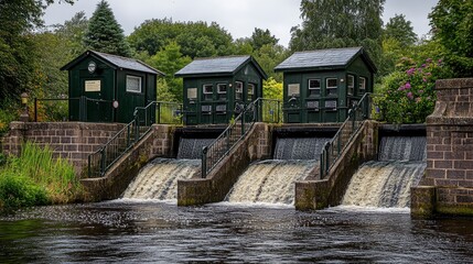 Three Green Control Houses Over a Waterfall on a River