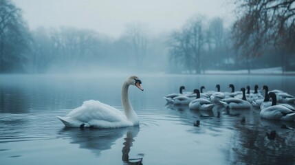 A single white swan swims in a misty lake, with a flock of swans in the background,  a peaceful scene in nature.