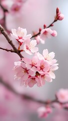 High-Quality Image of Pink Cherry Blossoms on a Branch: Delicate Sakura Flower Blooms for Nature and Spring Aesthetics.