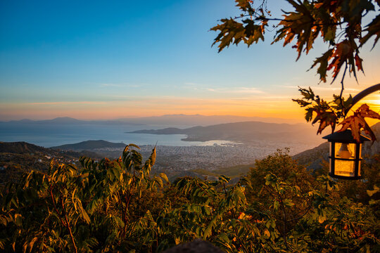 Sunset panorama of Volos city from Makrinitsa village in Greece