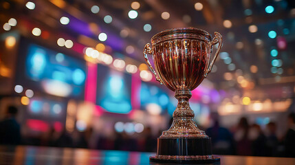 Golden trophy displayed on table with blurred award ceremony in the background