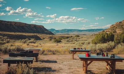 Shooting range with tables and rifles in the desert.