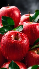 Close-Up of Dewy Red Apples with Vibrant Green Leaves - Perfect for Health, Fresh Produce, and Natural Food Themes.