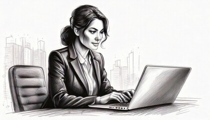 Businesswoman Laptop Sketch: A captivating pencil sketch of a focused businesswoman working on her laptop, capturing the dedication and ambition behind professional success.  