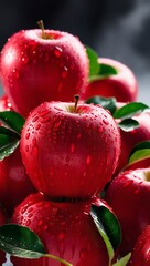 Close-Up of Dewy Red Apples with Vibrant Green Leaves - Perfect for Health, Fresh Produce, and Natural Food Themes.