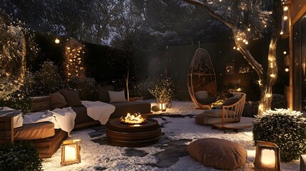 A cozy outdoor space with a fire pit and a swing set. The area is lit up with lights and has a warm, inviting atmosphere