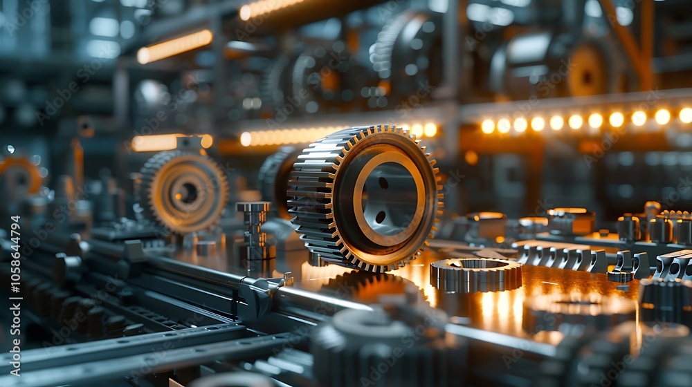Poster A close-up view of intricately designed gears and machinery, showcasing reflections and lighting in an industrial setting.