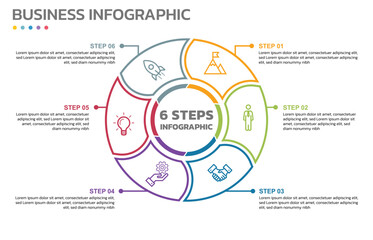Visual data presentation. Cycle diagram with 6 options. Pie Chart Circle thin line infographic template with 6 steps, options, parts, segments. Business concept. Marketing infographic outline style.