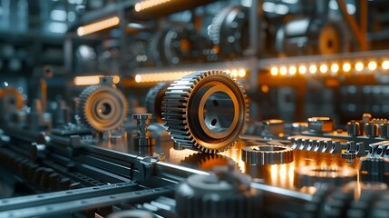 A close-up view of intricately designed gears and machinery, showcasing reflections and lighting in an industrial setting.
