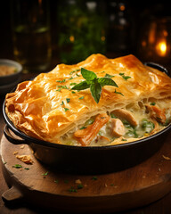 Fototapeta premium Winter comfort food: Golden-brown chicken pot pie baked in a rustic ceramic dish, with flaky crust and steam rising from the filling, set on a wooden table