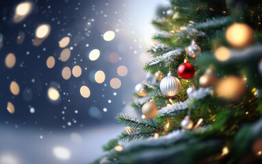 Obraz premium A close-up of a decorated Christmas tree with twinkling lights and falling snow.