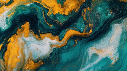 Naklejka premium Abstract Swirling Gold and Teal Paint Background