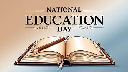 "National Education Day" in bold, modern typography with vibrant, colorful icons of school supplies like rulers, pens, and notebooks arranged around the text, on a clean, white background.