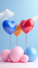 Heart-Shaped Balloons Floating in Sky with Clouds and Pastel Spheres