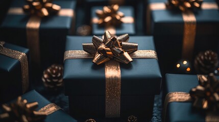 Elevate Your Holiday Promotions with This Elegant Arrangement of Black Gift Boxes with Gold Ribbons Set Against a Dark Background, Perfect for Showcasing Luxury and Style